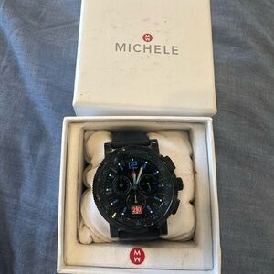 Women’s Michele Black Watch with Blue Accents and Red Date